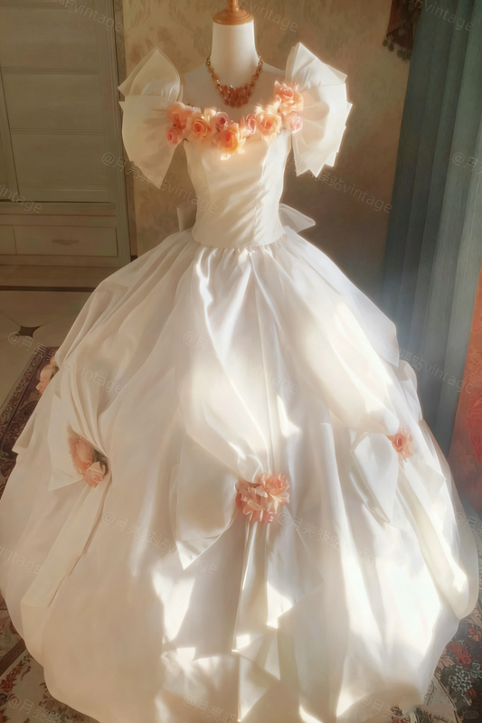 Vintage Wedding Dress Square Neck Flower Pleated Wedding Dress D3934