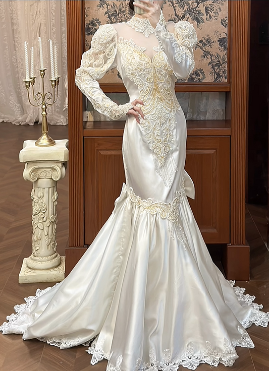 Vintage Wedding Dress High Collar Long Sleeves Pearl Mermaid Wedding Dress D3940