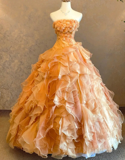 Pretty Prom Dress Strapless Tiered Ruffle Ball Gown Evening Dress Birthday Party Outfits D3957