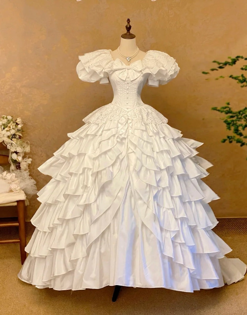 Vintage Wedding Dress Square Neck Pleated Tiered Wedding Dress D3966
