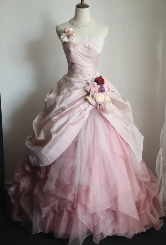 Sweet Prom Dress Light Pink Strapless Pleated Tulle Evening Dress Quinceanera Dress Ball Gown D3984