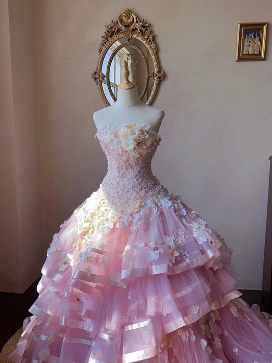 Sweet Prom Dress Strapless Pleated Tiered Evening Dress Quinceanera Dress Ball Gown D4006