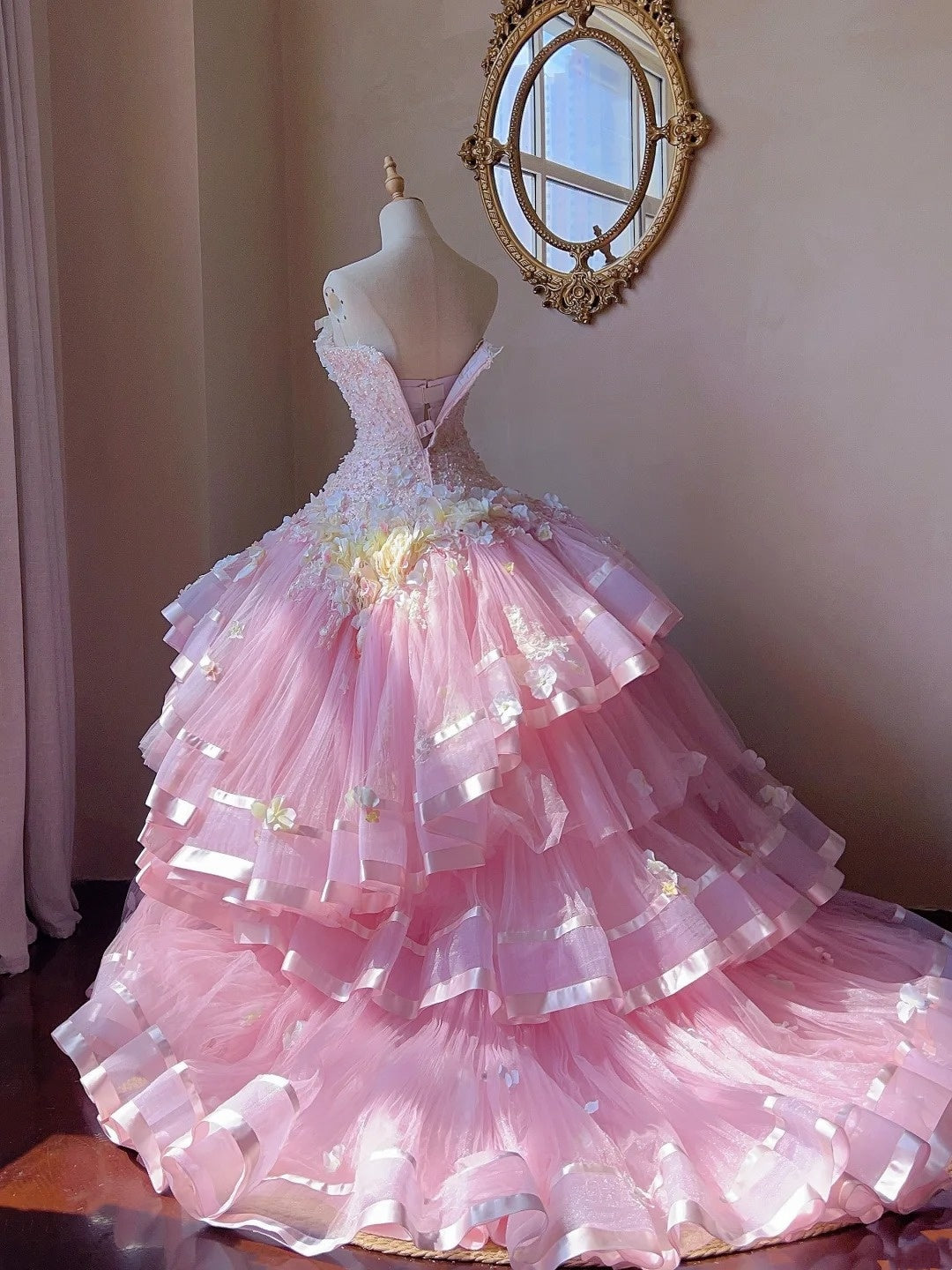 Sweet Prom Dress Strapless Pleated Tiered Evening Dress Quinceanera Dress Ball Gown D4006