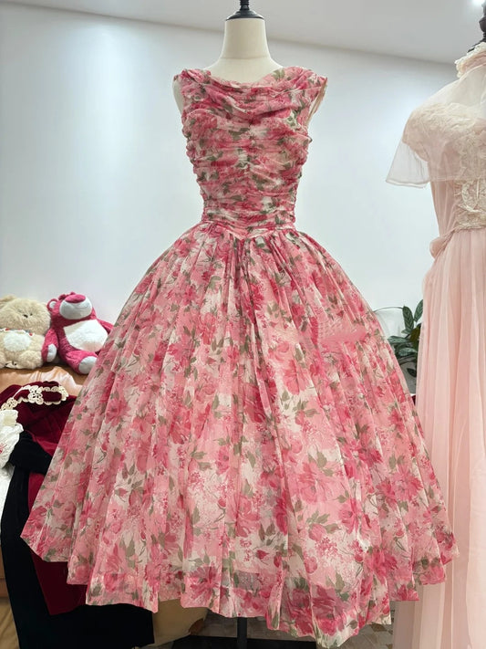 Elegant Prom Dress Crew Neck Pleated Print Evening Dress Quinceanera Dress Ball Gown D4007