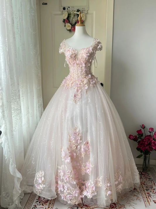 Cute Prom Dress Crew Neck Backless Pleated Floral Evening Dress Quinceanera Dress Ball Gown D4009