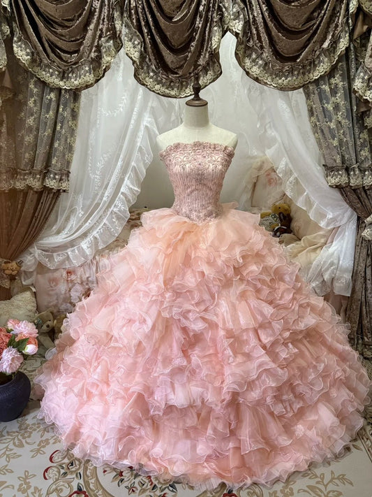 Beauty Prom Dress Strapless Ruffle Tiered Evening Dress Quinceanera Dress Ball Gown D4012