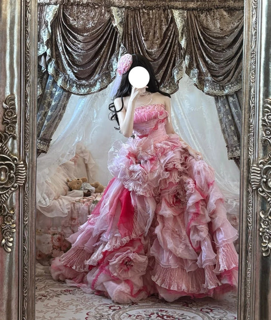 Sweet Prom Dress Strapless Pleated Tiered Evening Dress Quinceanera Dress Ball Gown D4014
