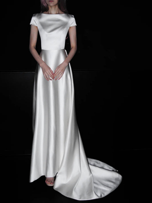 Minimalist Wedding Dress A Line Boat Neck Wedding Dress D4070
