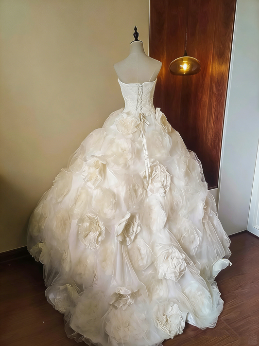 Elegant Prom Dress Strapless Tulle Flower Ball Gown Evening Dress Quinceanera Dress Birthday Party Outfits D4084
