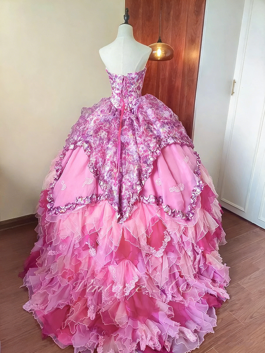 Stunning Prom Dress Strapless Print Pleated Tiered Ball Gown Evening Dress Quinceanera Dress Birthday Party Dress D4100