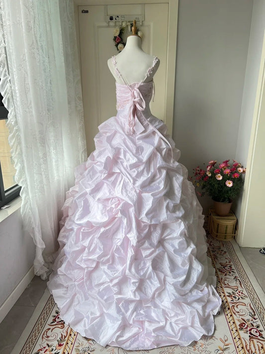 Newest Prom Dress Spaghetti Straps Pleated Ball Gown Evening Dress Quinceanera Dress D4115
