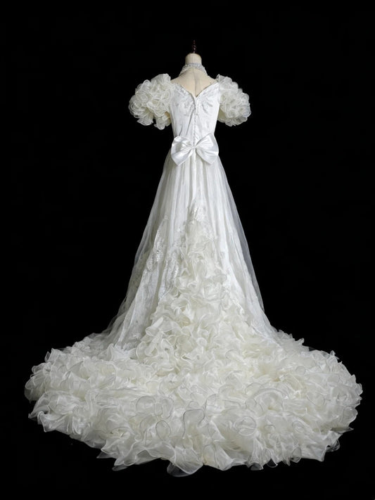 Vintage Wedding Dress Asymmetrical Neck Pleated Ruffle Wedding Dress D4200