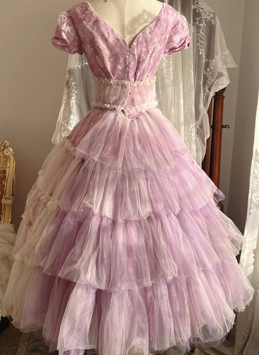 Sweet Prom Dress Short Sleeves Tulle Pleated Evening Dress Gala Dress Birthday Party Dress D4240