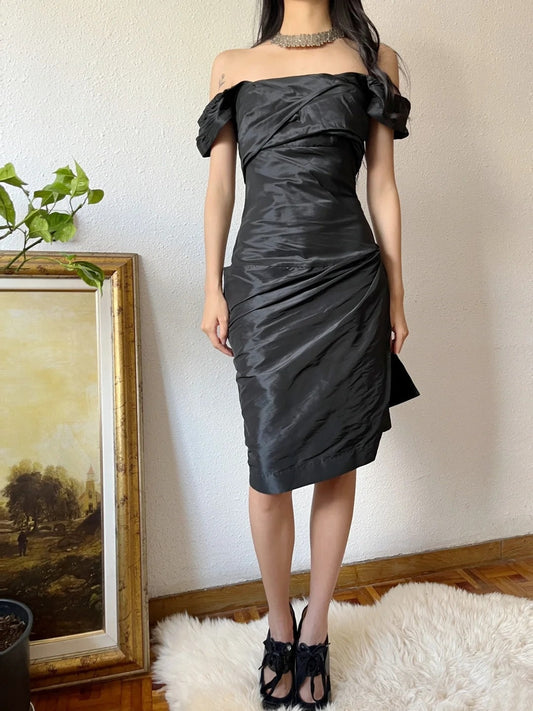 Minimalist Short Prom Dress Satin Black Off Shoulder Pleated Formal Dress Evening Dress Gala Dress D4285