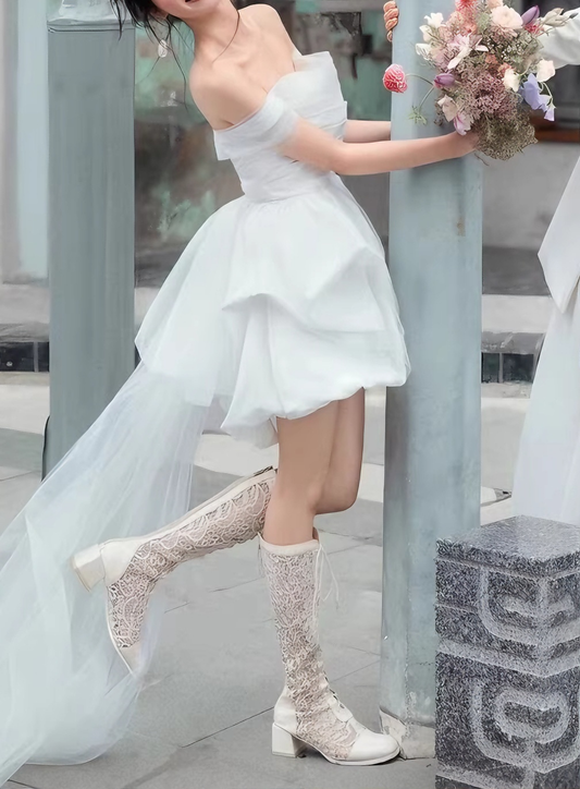Minimalist Wedding Dress Off Shoulder Pleated Hi-Lo Short Wedding Dress Prom Dress D4312