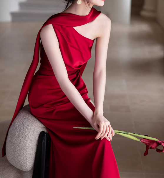 Minimalist Prom Dress Wine Red Asymmetrical Neck Pleated Gala Dress Evening Dress Formal Dress D4314