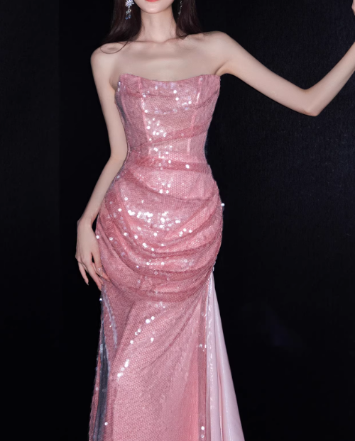 Shiny Prom Dress Strapless Pleated Gala Dress Evening Dress Formal Dress D4316