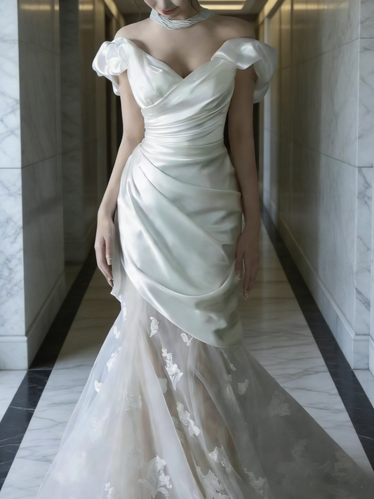 New Arrival Wedding Dress Off Shoulder Pleated Tulle Mermaid Wedding Dress D4320