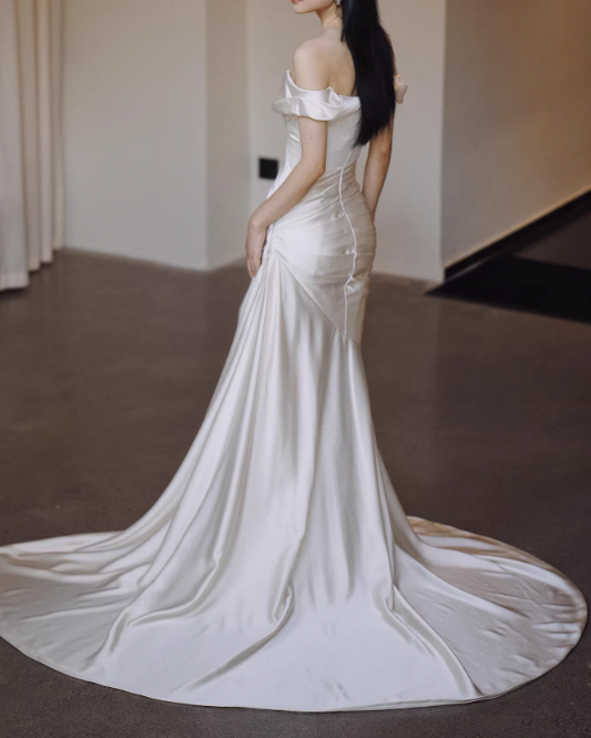 Newest Wedding Dress Satin Off Shoulder Pleated Mermaid Wedding Dresses D4326