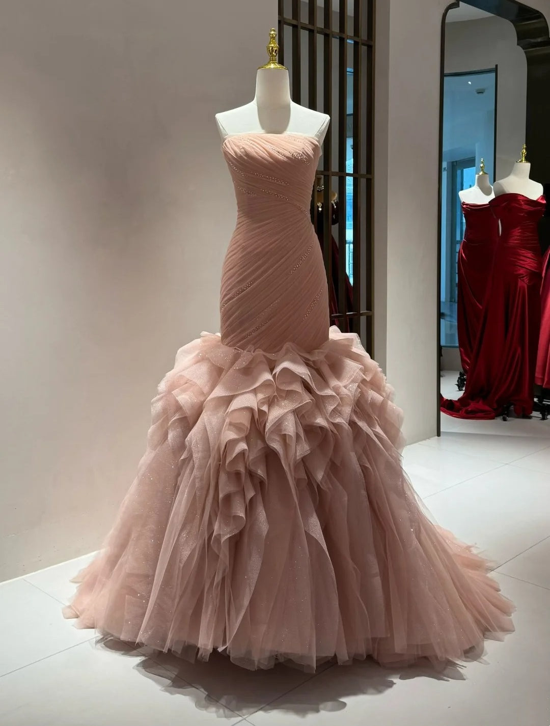 New Arrival Prom Dress Strapless Pleated Tulle Mermaid Formal Dress Gala Dress Evening Dress D4391