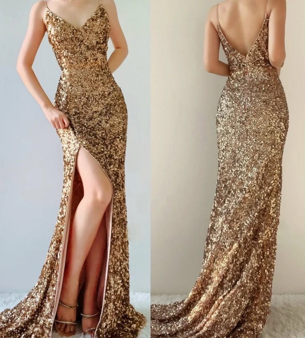 Shiny Prom Dress Spaghetti Straps Slit Gala Dress Evening Dress Formal Dress D4408