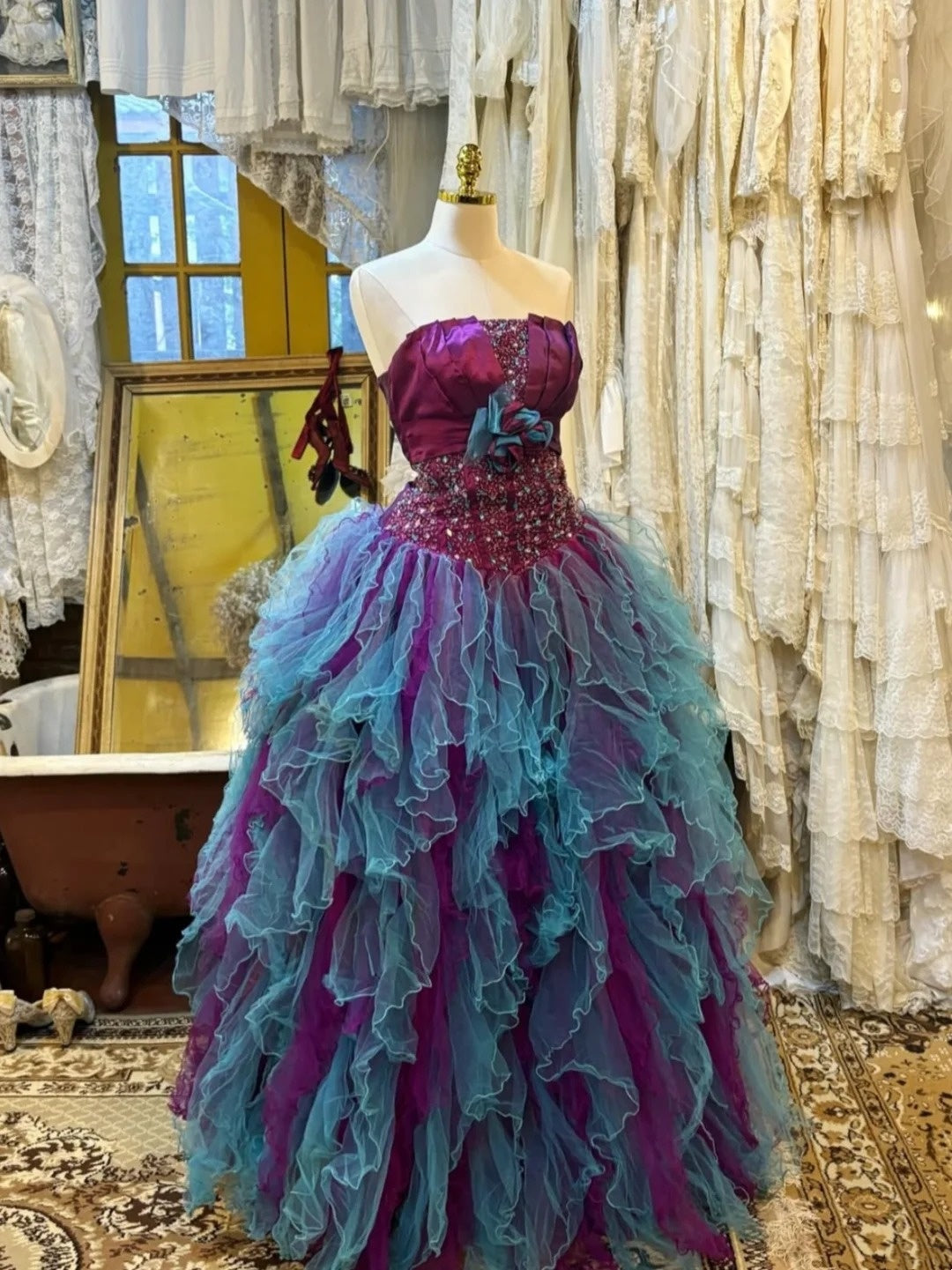 Stunning Prom Dress Strapless Tulle Ruffle Evening Dress Quinceanera Dress Ball Gown D4411
