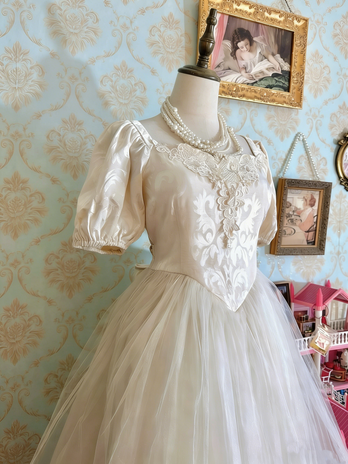 Vintage Prom Dress Square Neck Pleated Tulle Gala Dress Formal Dress Evening Dress D4476