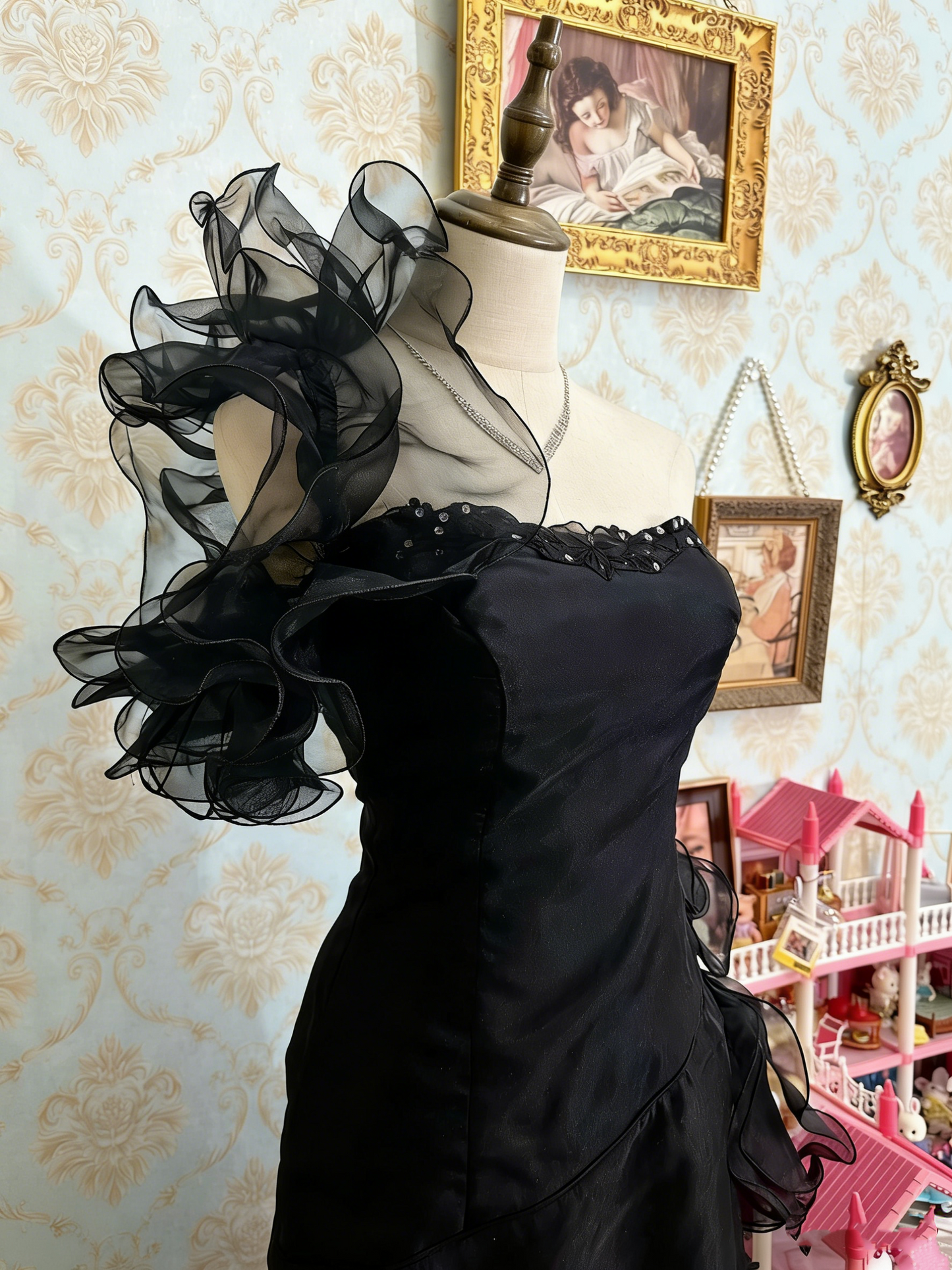 Stunning Prom Dress Black Strapless Pleated Ruffle Birthday Party Dress Evening Dress D4482