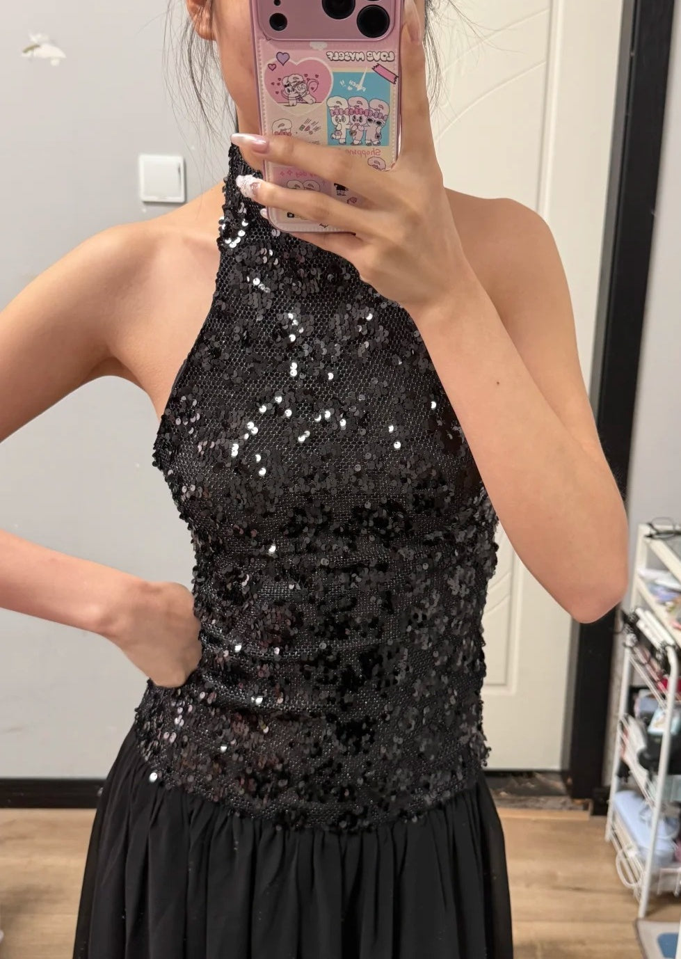 Shiny Prom Dress Black Halter Pleated Gala Dress Evening Dress Cocktail Dress D4490