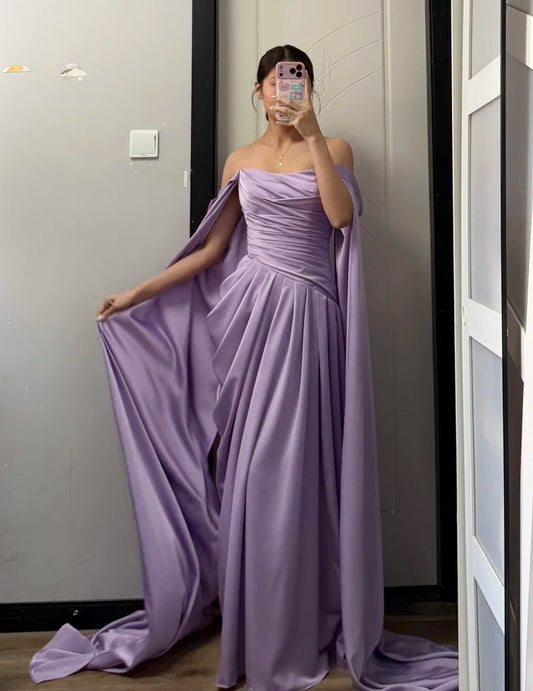 Elegant Prom Dress Purple Off Shoulder Pleated Gala Dress Evening Dress Cocktail Dress D4491