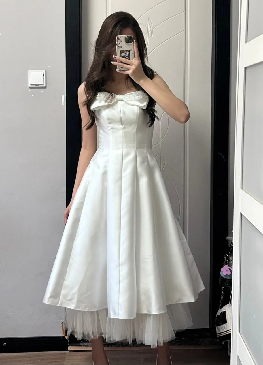 Charming Prom Dress White Strapless Pleated Gala Dress Evening Dress Cocktail Dress D4492