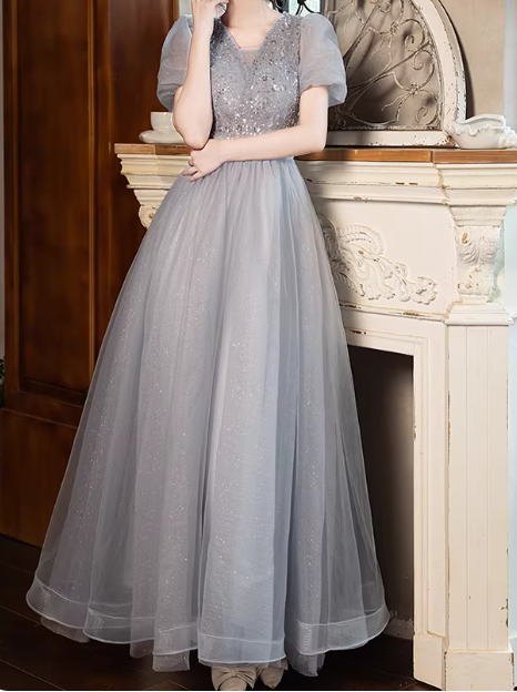 Shiny Prom Dress Short Sleeves Tulle Pleated Gala Dress Evening Dress Formal Dress D4513