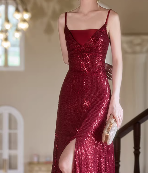 Shiny Prom Dress Spaghetti Straps Slit Gala Dress Evening Dress Formal Dress D4514