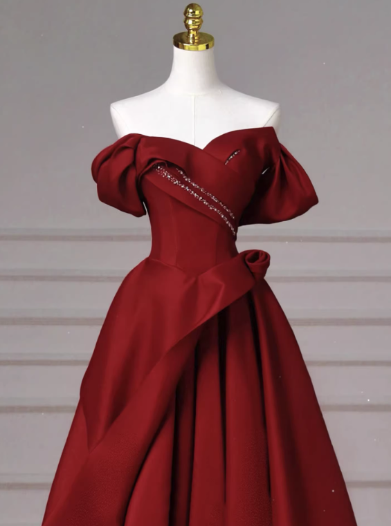 Shiny Prom Dress Wine Red Off Shoulder Pleated Gala Dress Evening Dress Formal Dress D4536