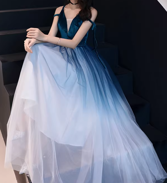 Ombre Prom Dress V-neck Pleated Tulle Gala Dress Evening Dress Formal Dress D4539