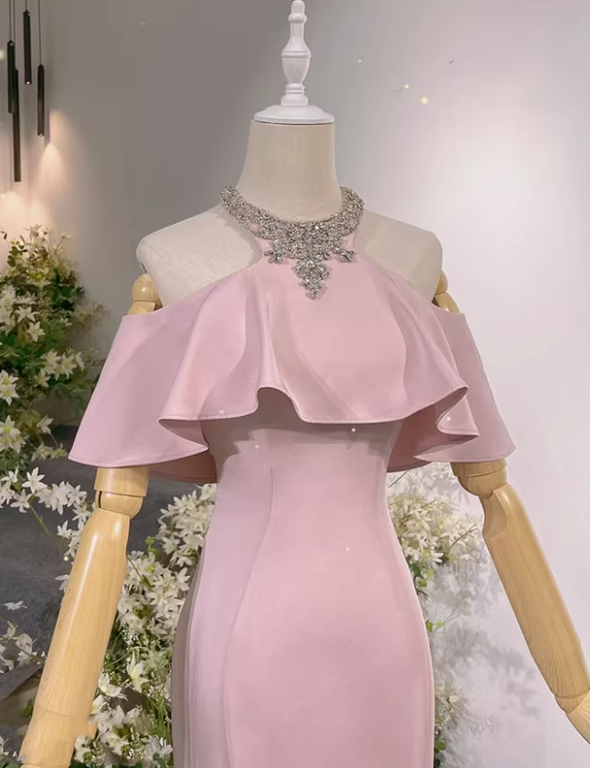 New Arrival Prom Dress Light Pink Crew Neck Mermaid Gala Dress Evening Dress Formal Dress D4542