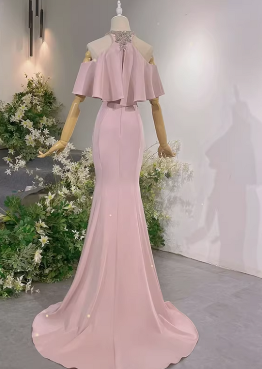 New Arrival Prom Dress Light Pink Crew Neck Mermaid Gala Dress Evening Dress Formal Dress D4542