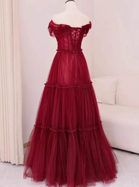 Stunning Prom Dress Wine Red Off Shoulder Pleated Tulle Gala Dress Evening Dress Formal Dress D4543