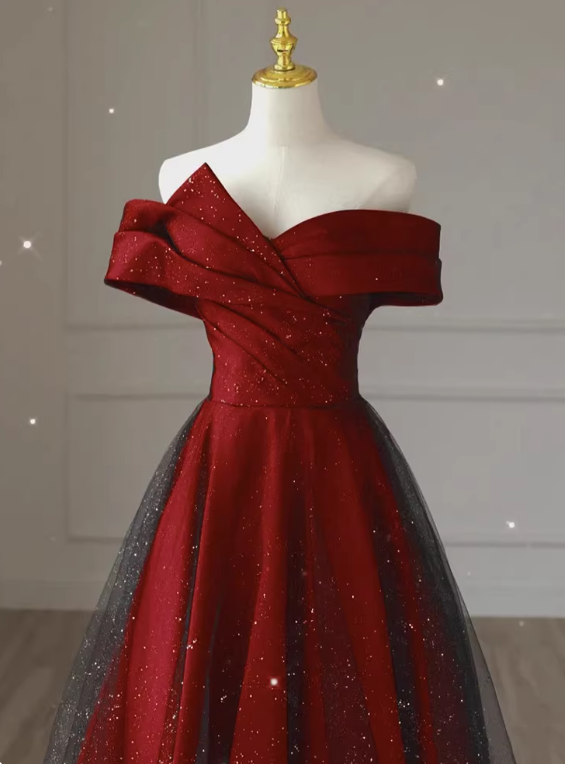 Shiny Prom Dress Off Shoulder Pleated Tulle Gala Dress Evening Dress Formal Dress D4545