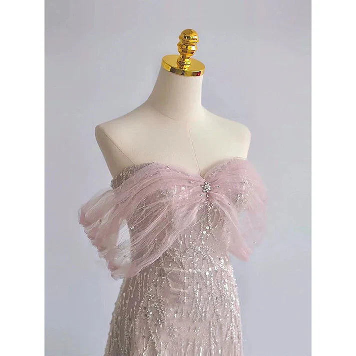 Off Shoulder Cute Pink Prom Dress Sequins Princess Formal Party Dress MD7571