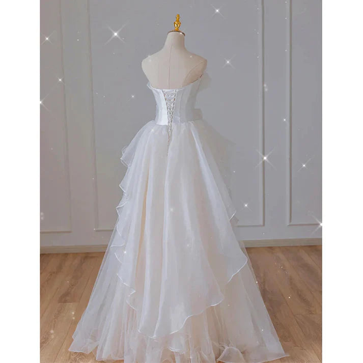 White French Strapless Wedding Gown Bow Tie Long Prom Dress MD7552