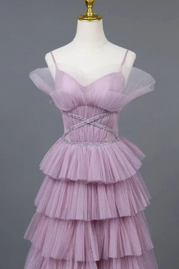 Ombre Spaghetti Straps Tiered A-Line Formal Dress Princess Long Prom Gown MD7540