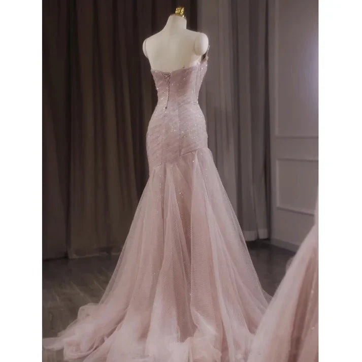 Pink Shiny Tulle Mermaid Prom Dress Fairy Formal Evening Dress MD7578