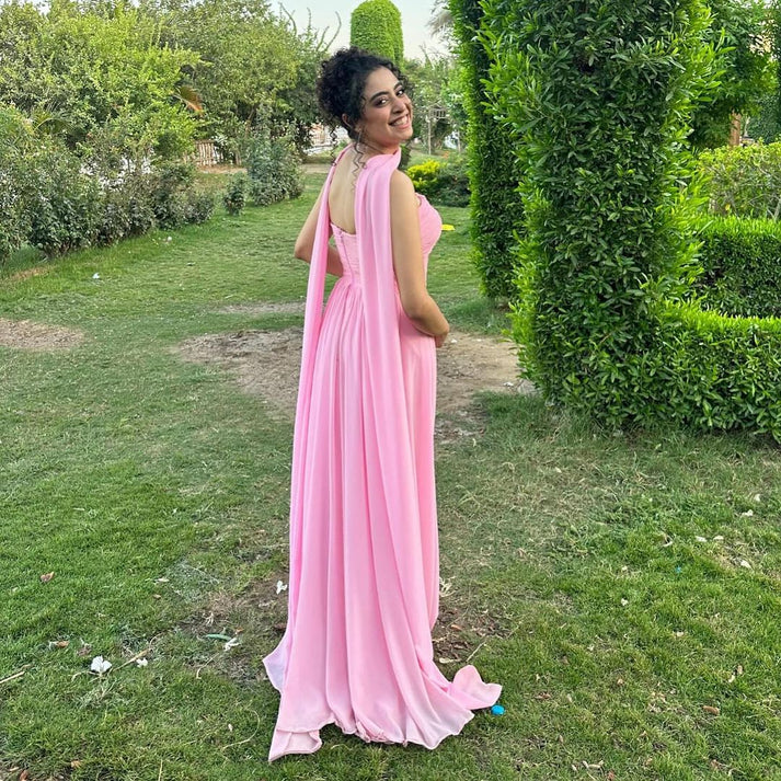 Pink Strapless A Line Long Prom Dress Chiffon Wedding Guest Dress MD7591