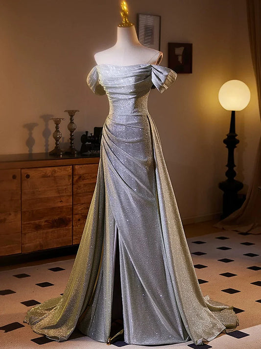Shiny Sliver Grey A-line Long Formal Dress, Simple Grey Off Shoulder Prom Dress MD7619