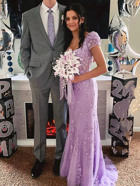 Lilac Short Sleeves Mermaid Long Prom Dress Applique Formal Party Dress MD7628