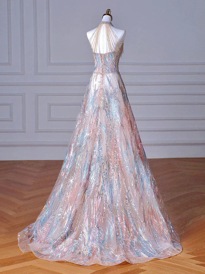 Elegant Halterneck A-line Sparkling Sequined Evening Dress MD7630