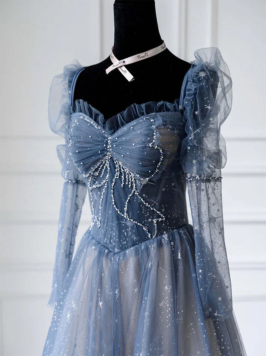 Blue A Line Tulle Prom Dress Sweetheart Shiny Formal Party Gown Princess Dress MD7631