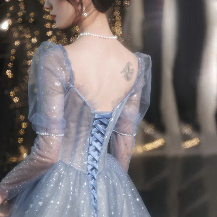 Blue A Line Tulle Prom Dress Sweetheart Shiny Formal Party Gown Princess Dress MD7631