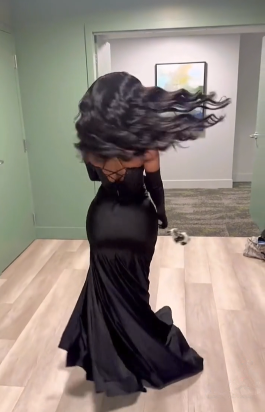 Sexy Straps Black Girl Mermaid Satin Long Party Dress Evening Gown MD7653